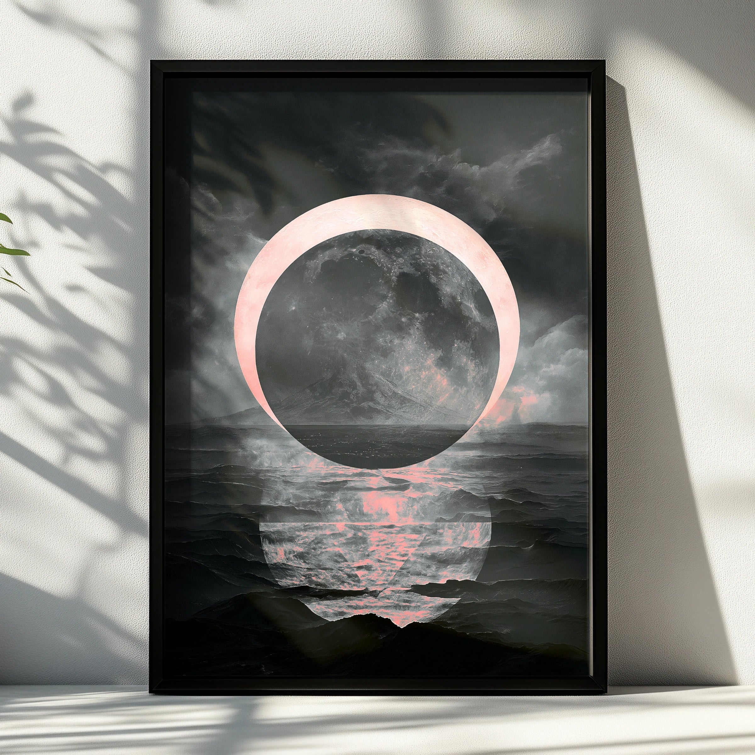 Black Pink Moon Poster, Dark Celestial Wall Art, Surreal Night Sky Print