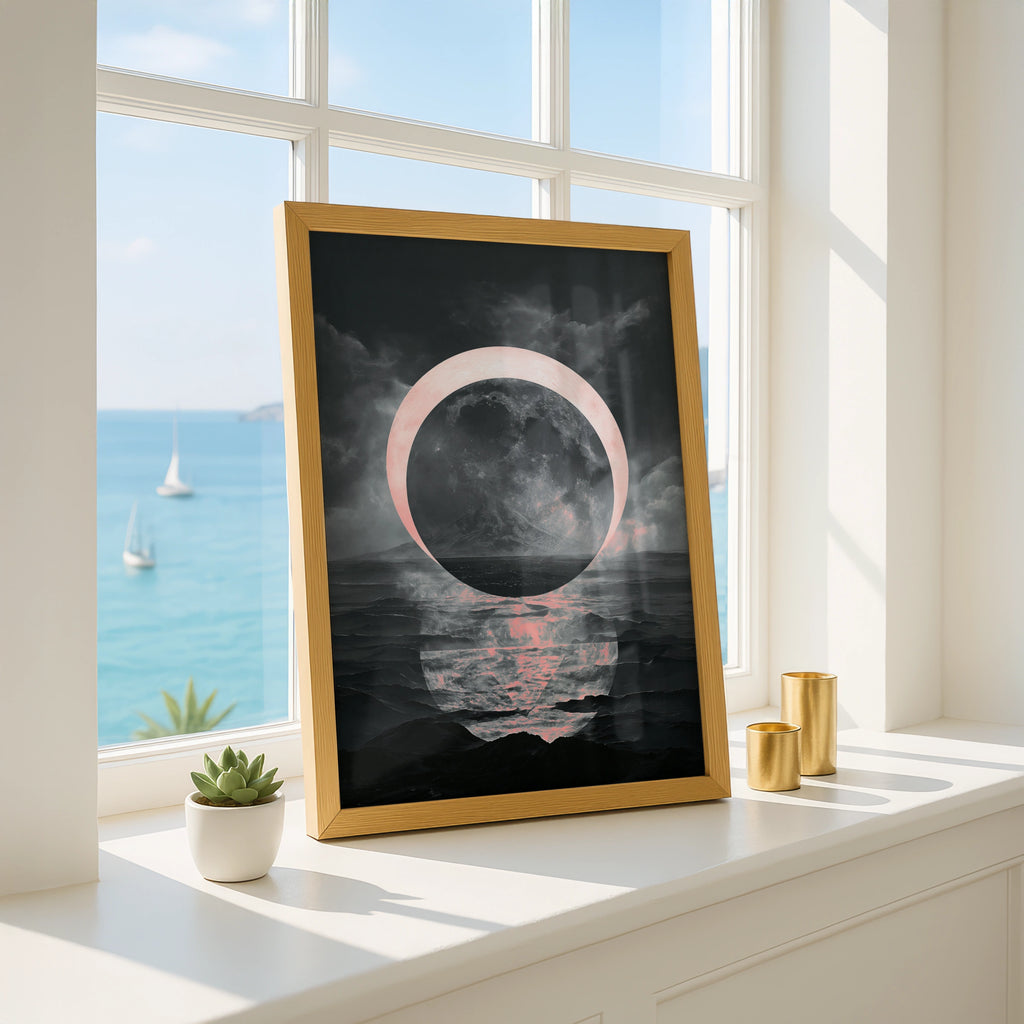 Black Pink Moon Poster, Dark Celestial Wall Art, Surreal Night Sky Print