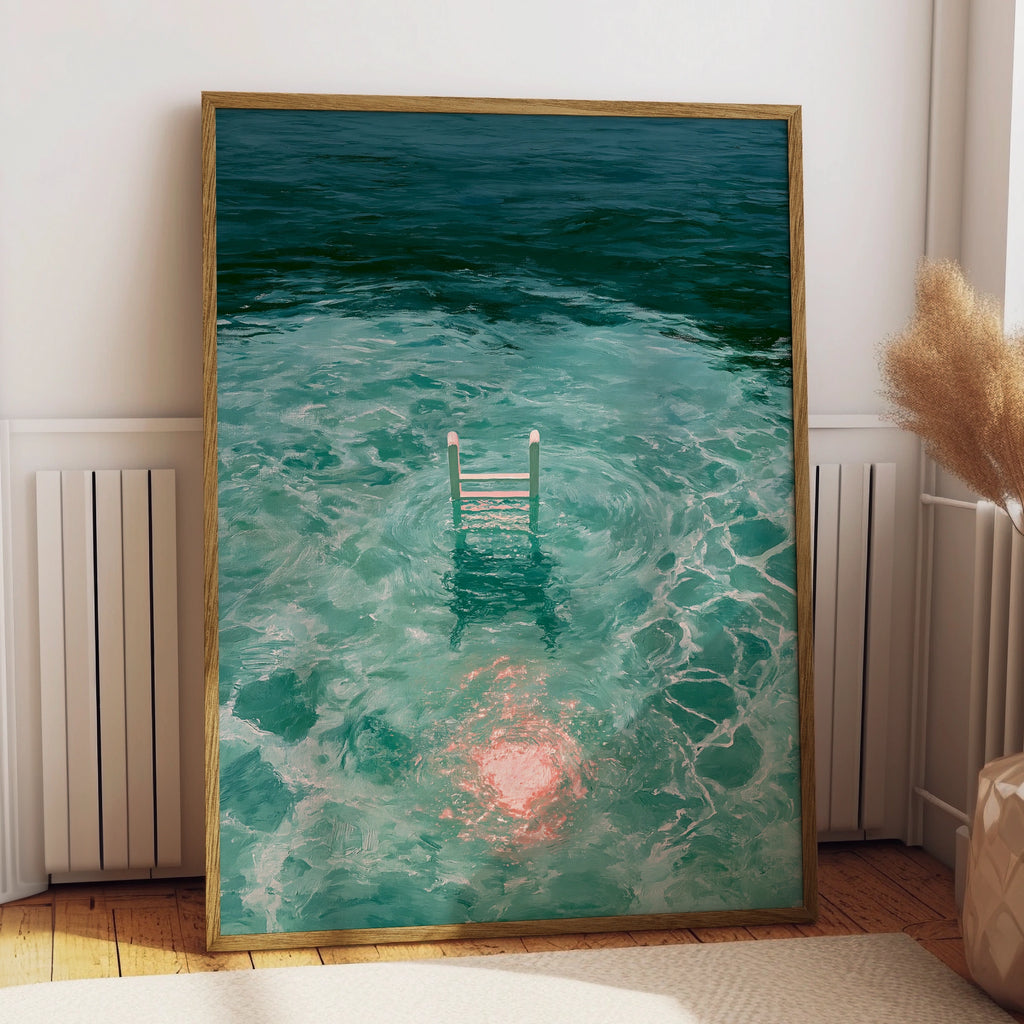 Swimming Ladder Pink Moon Reflection Water Art Poster, Teal Ocean Print