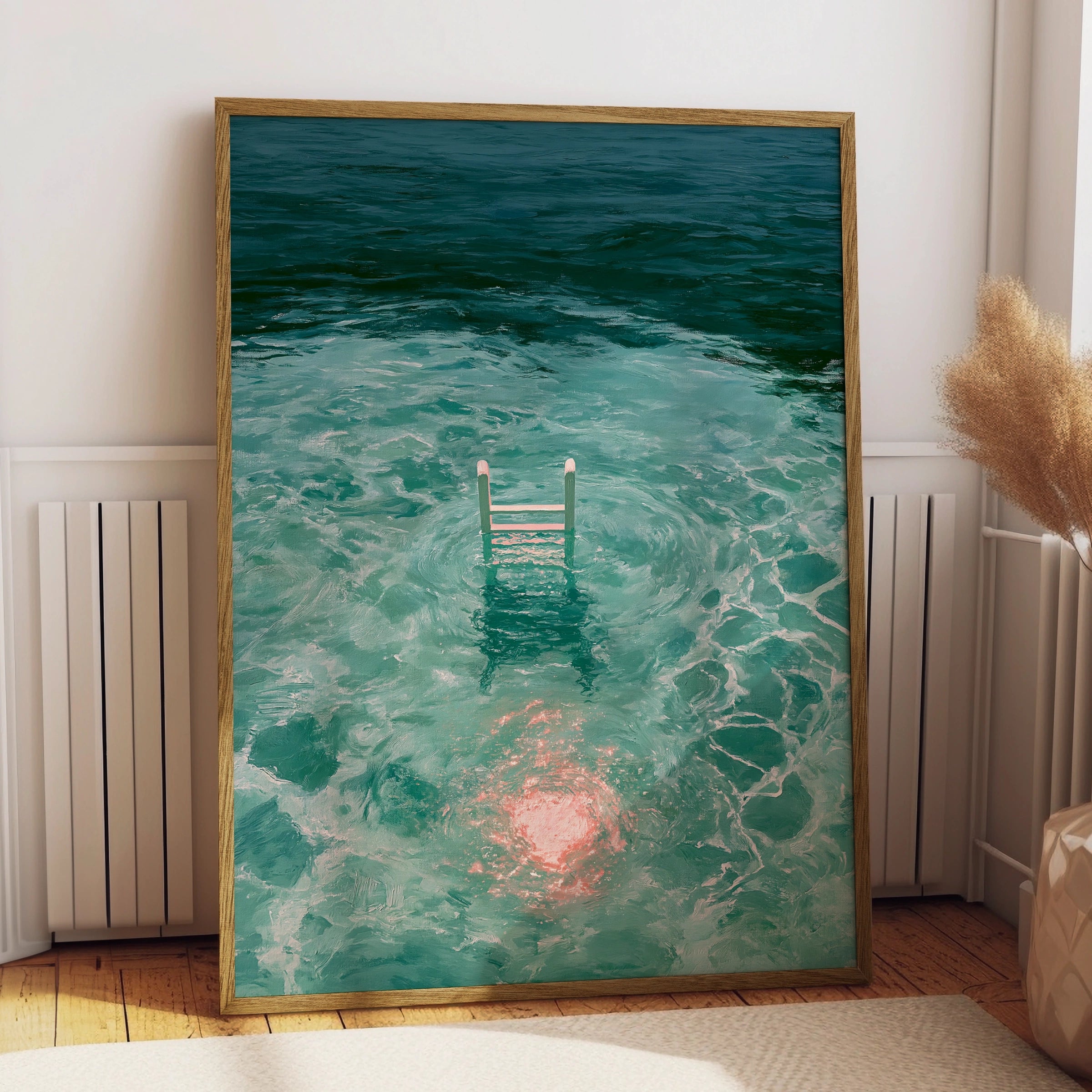 Swimming Ladder Pink Moon Reflection Water Art Poster, Teal Ocean Print