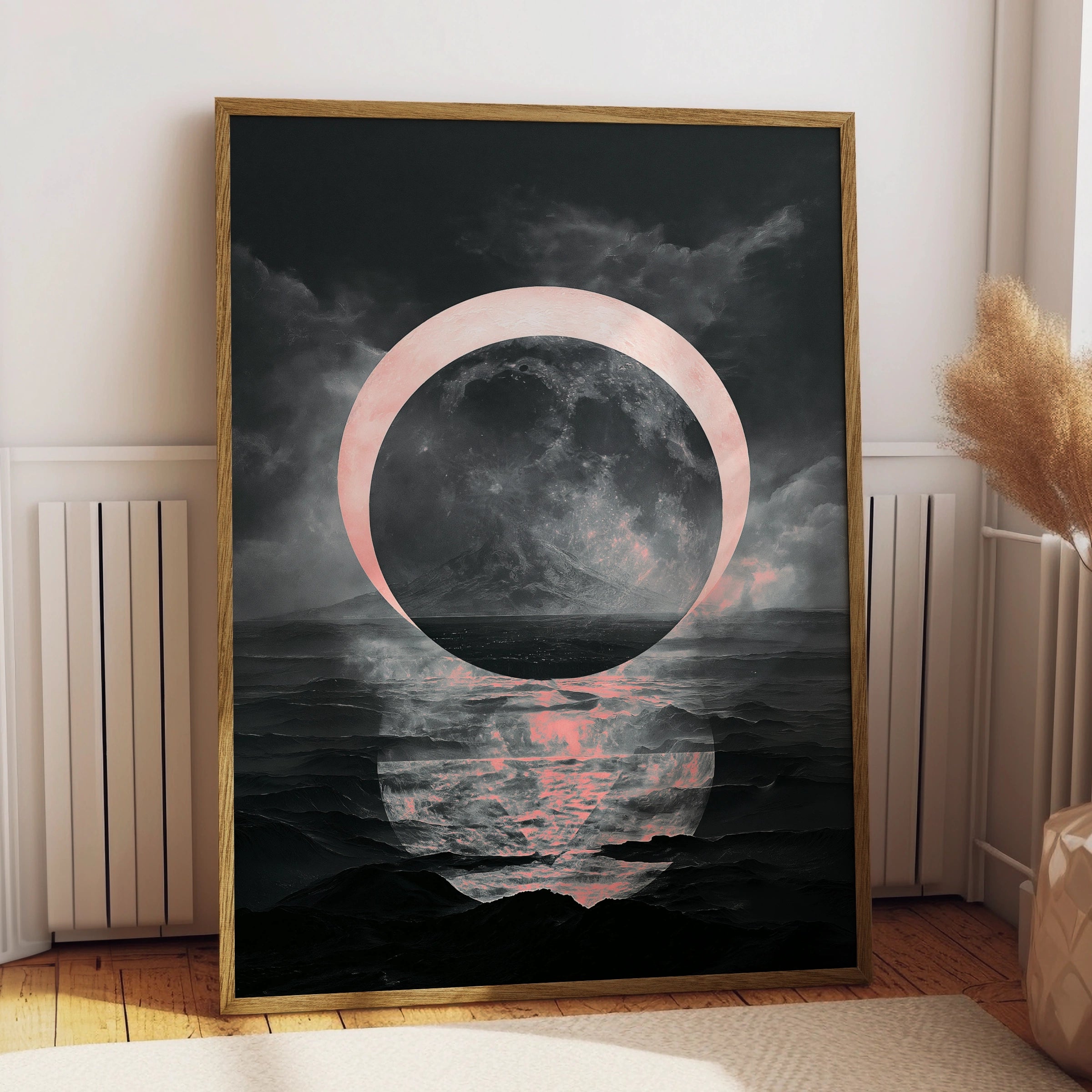 Black Pink Moon Poster, Dark Celestial Wall Art, Surreal Night Sky Print
