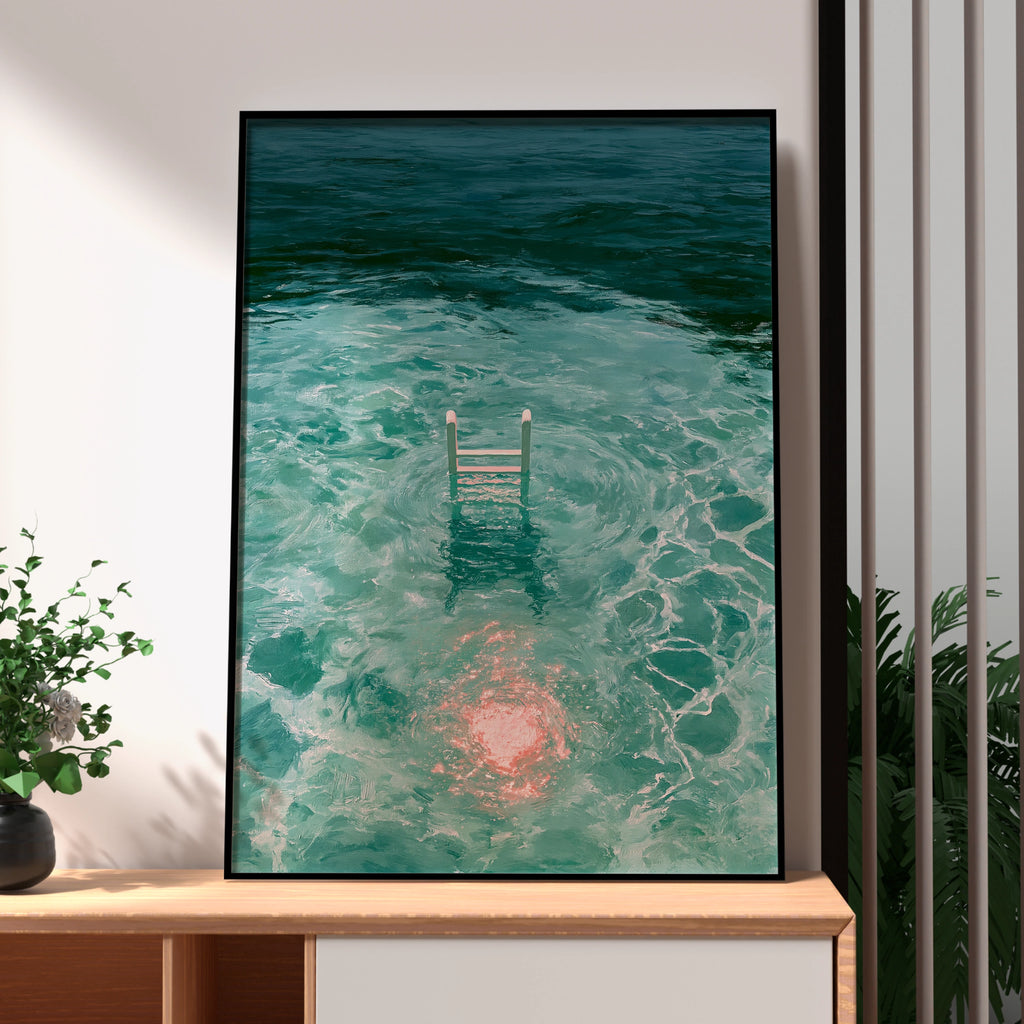 Swimming Ladder Pink Moon Reflection Water Art Poster, Teal Ocean Print