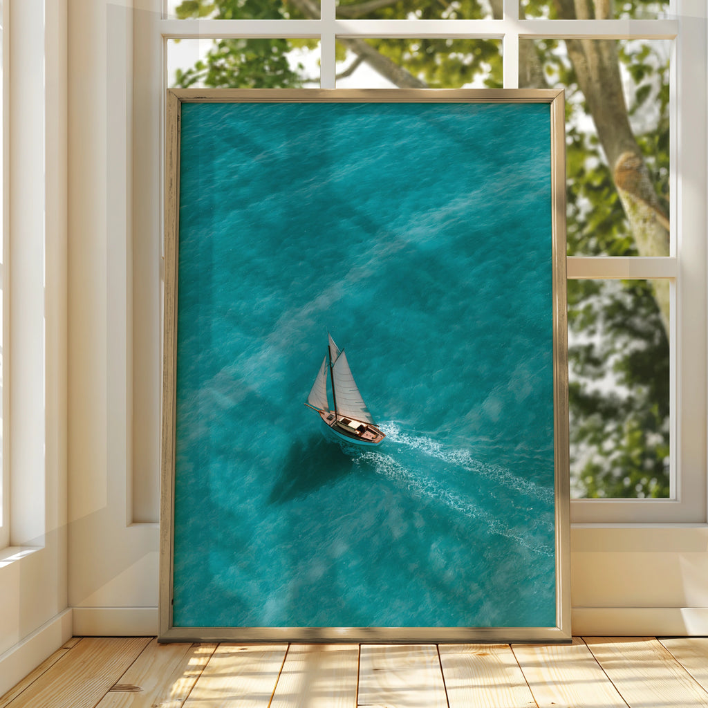 Sailboat Clear Turquoise Sea Poster, Aerial Ocean Wall Art, Nautical Print