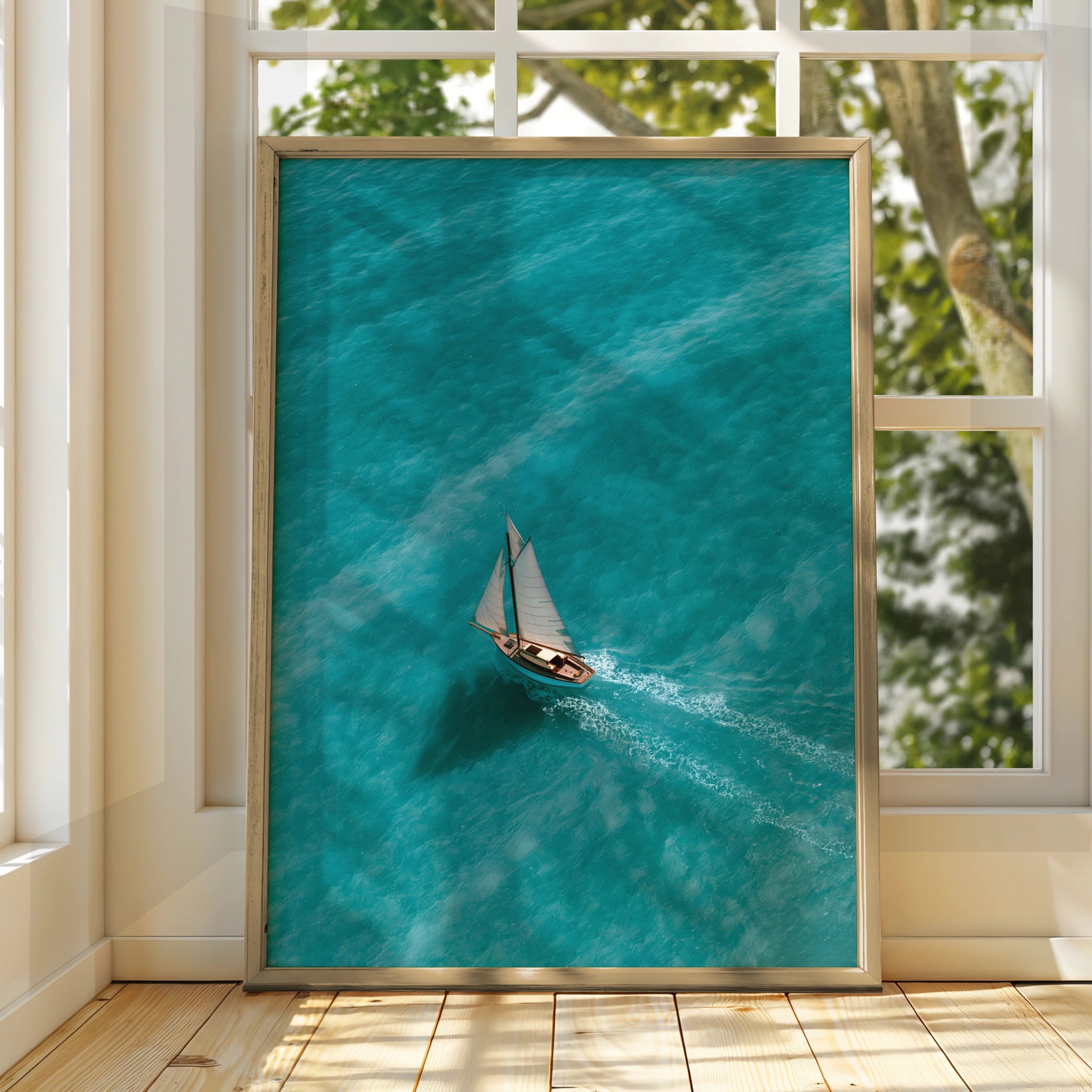 Sailboat Clear Turquoise Sea Poster, Aerial Ocean Wall Art, Nautical Print