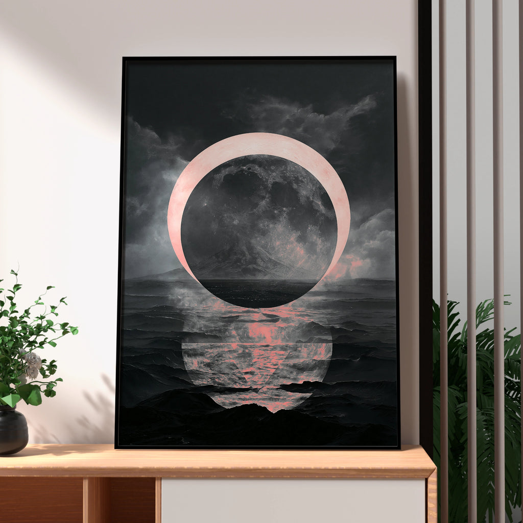 Black Pink Moon Poster, Dark Celestial Wall Art, Surreal Night Sky Print