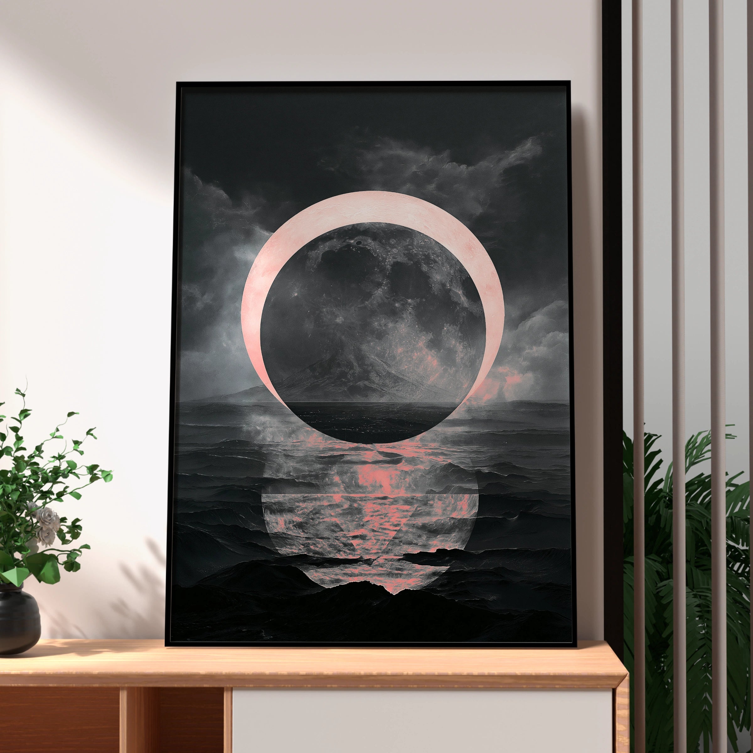 Black Pink Moon Poster, Dark Celestial Wall Art, Surreal Night Sky Print