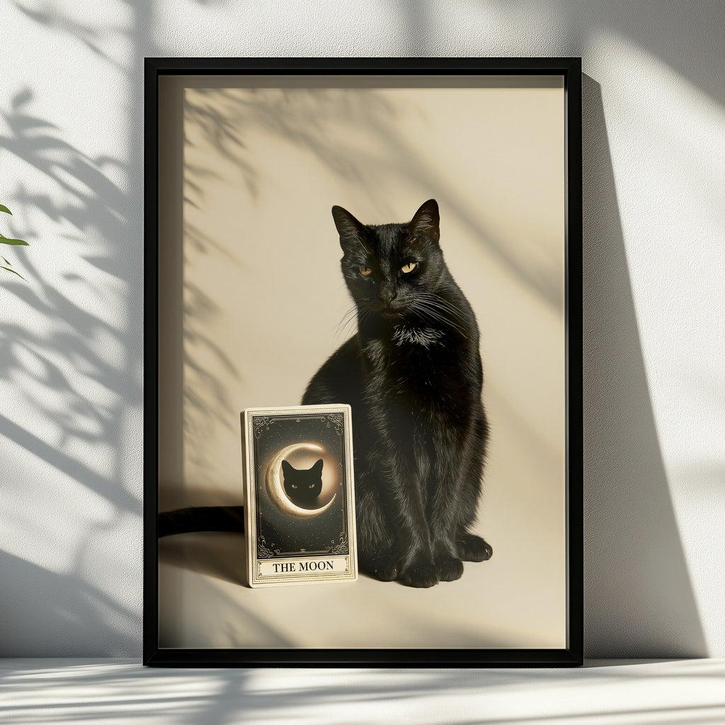 Black Cat Tarot Card Poster, The Moon Print, Mystical Wall Art