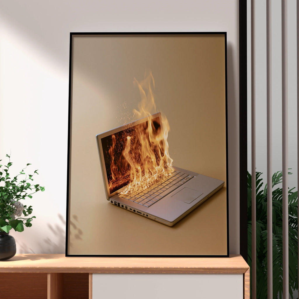 Burning Laptop Fire Poster, Tech Humour Wall Art, Office Decor
