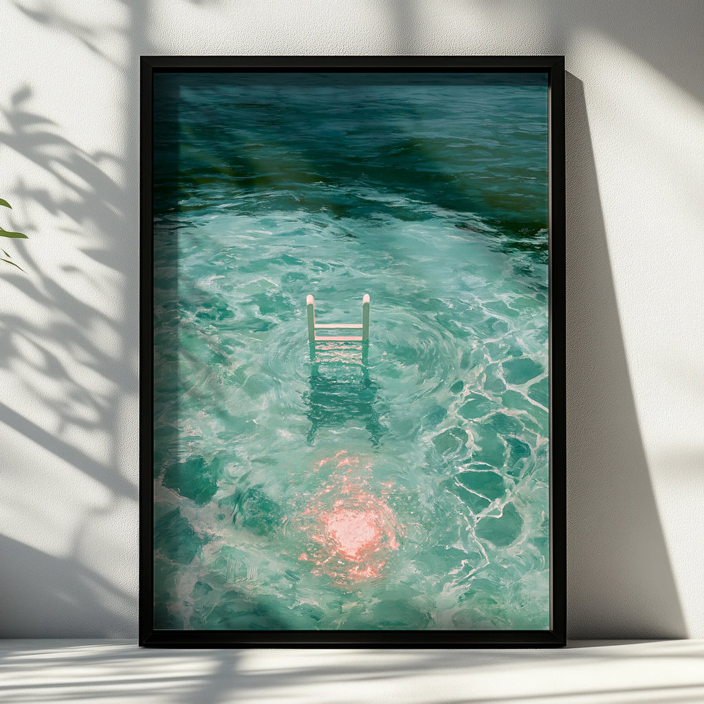 Swimming Ladder Pink Moon Reflection Water Art Poster, Teal Ocean Print