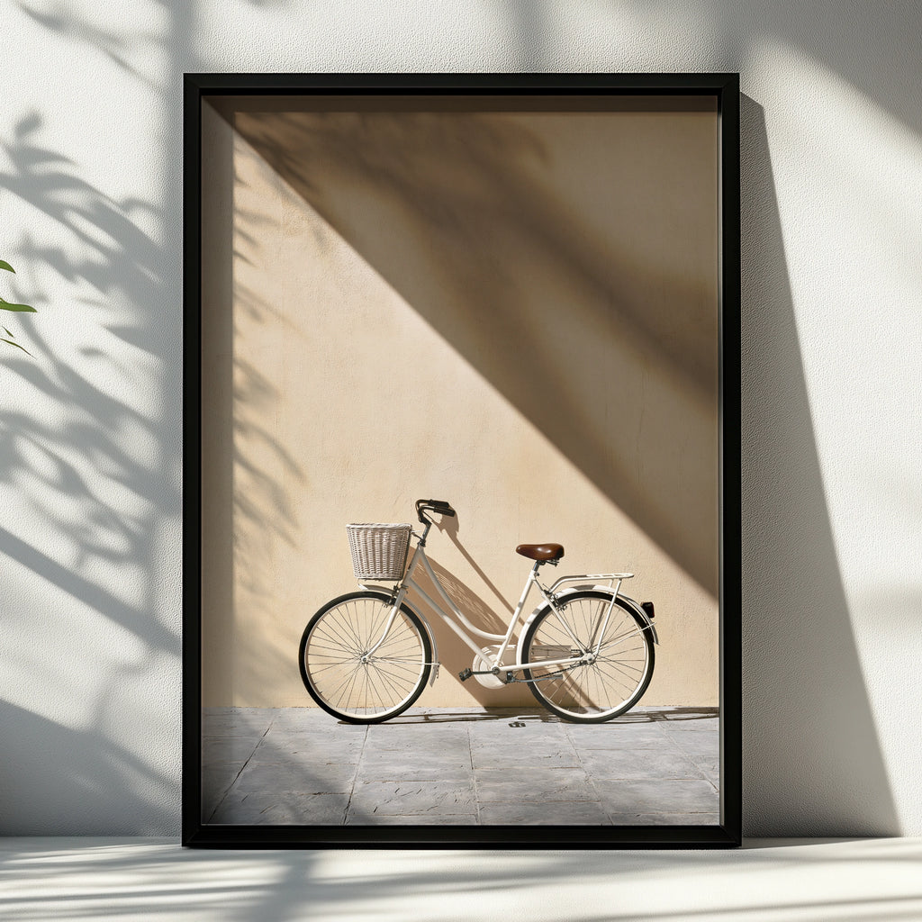 Vintage Bicycle Sun Shadow Wall Art Poster, Minimalist Beige Photography Print
