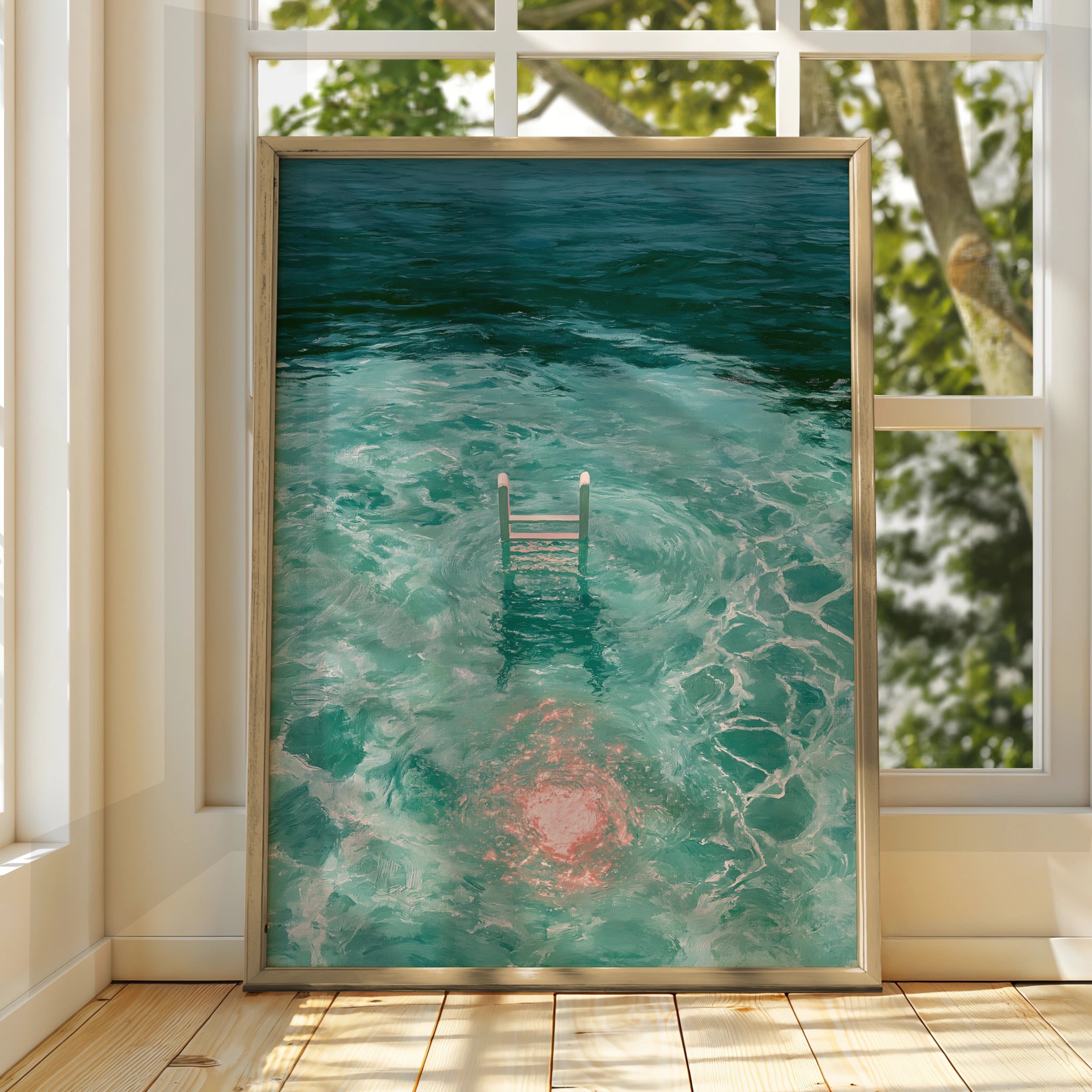 Swimming Ladder Pink Moon Reflection Water Art Poster, Teal Ocean Print