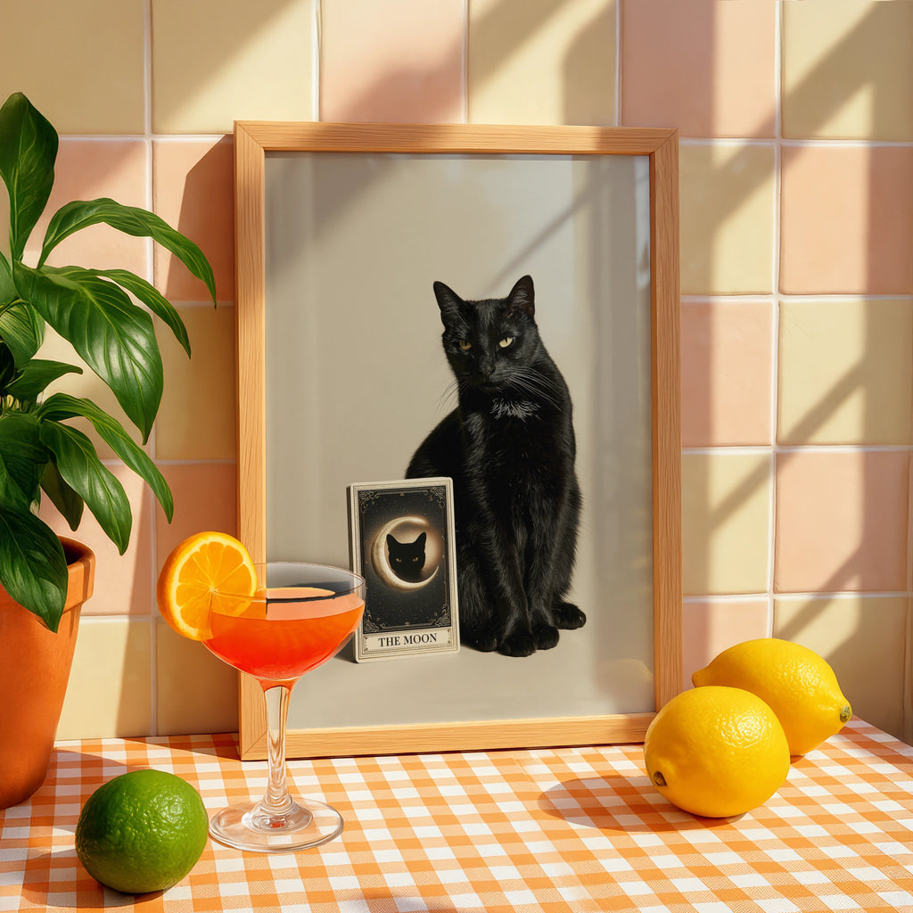 Black Cat Tarot Card Poster, The Moon Print, Mystical Wall Art