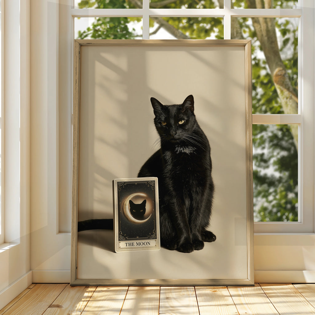 Black Cat Tarot Card Poster, The Moon Print, Mystical Wall Art