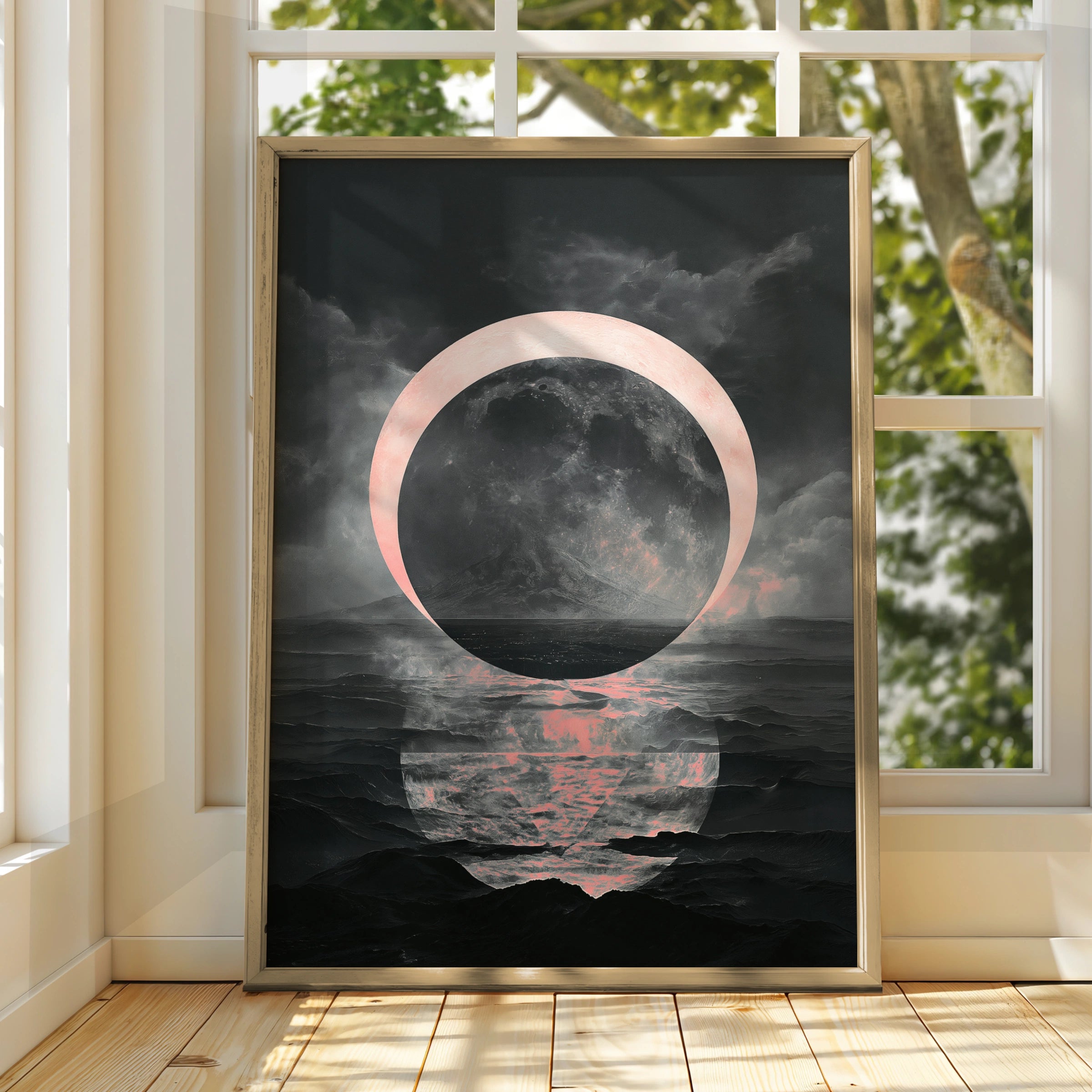 Black Pink Moon Poster, Dark Celestial Wall Art, Surreal Night Sky Print