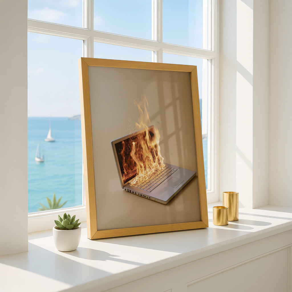 Burning Laptop Fire Poster, Tech Humour Wall Art, Office Decor