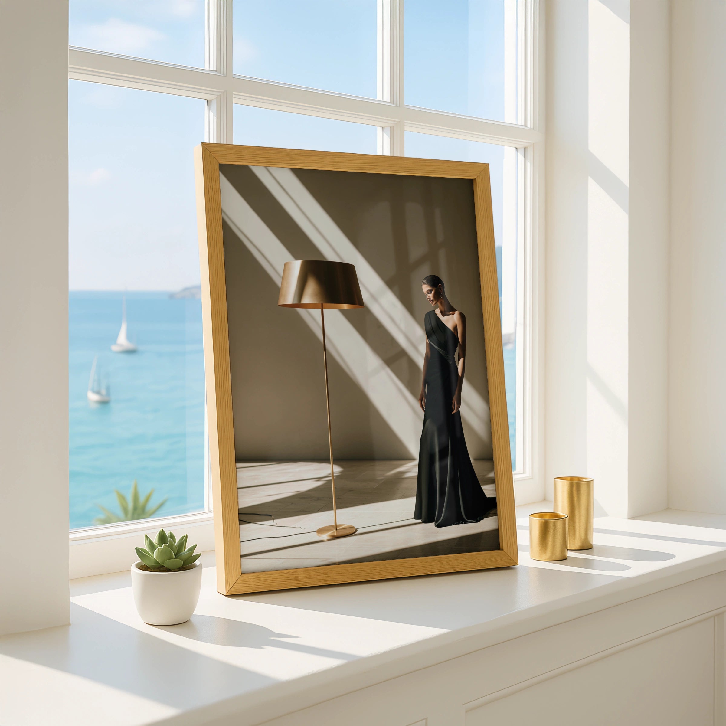 Elegant Woman Black Dress Gold Lamp, Fashion Wall Art Poster, Minimalist