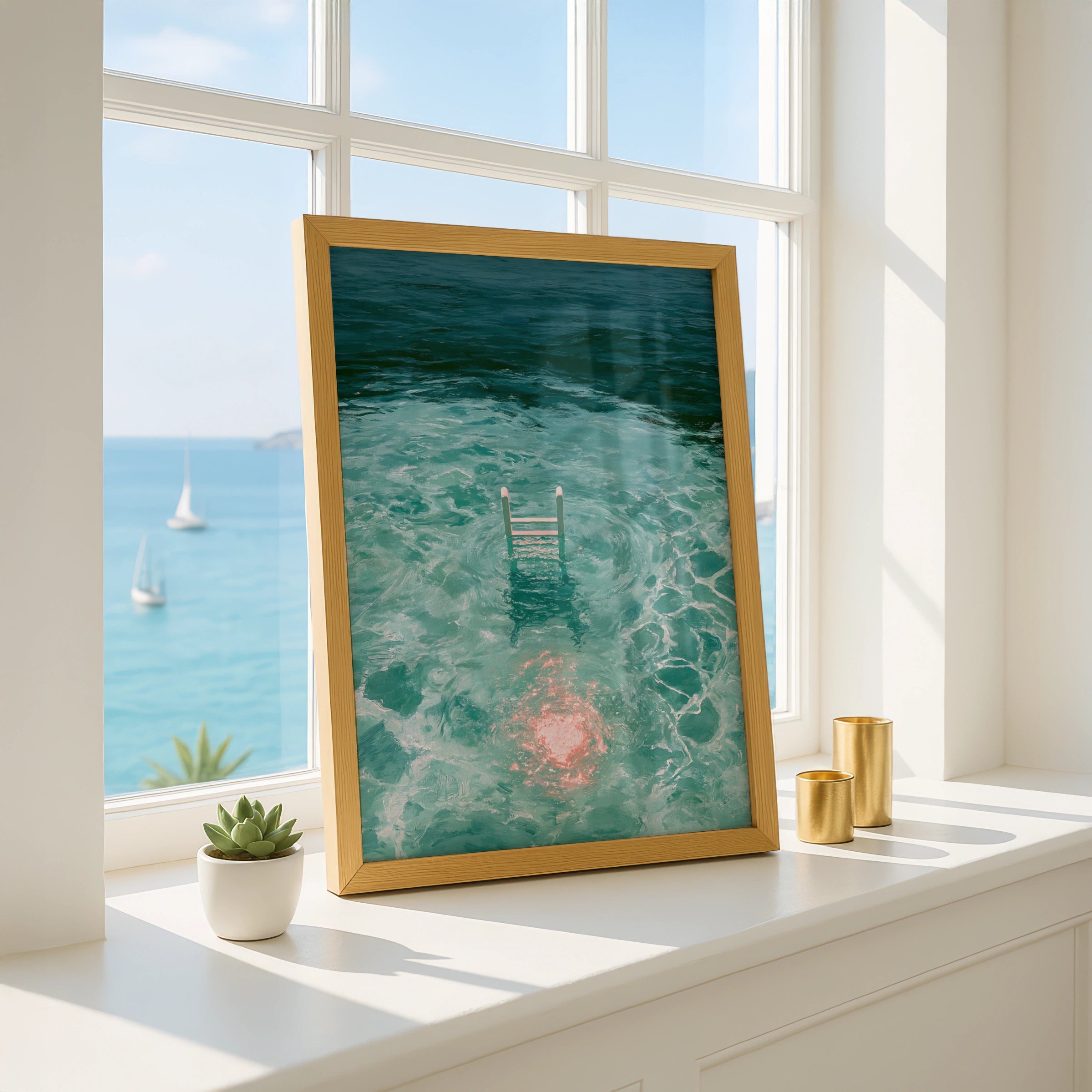 Swimming Ladder Pink Moon Reflection Water Art Poster, Teal Ocean Print