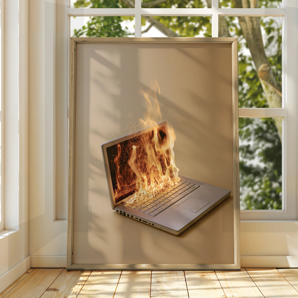 Burning Laptop Fire Poster, Tech Humour Wall Art, Office Decor