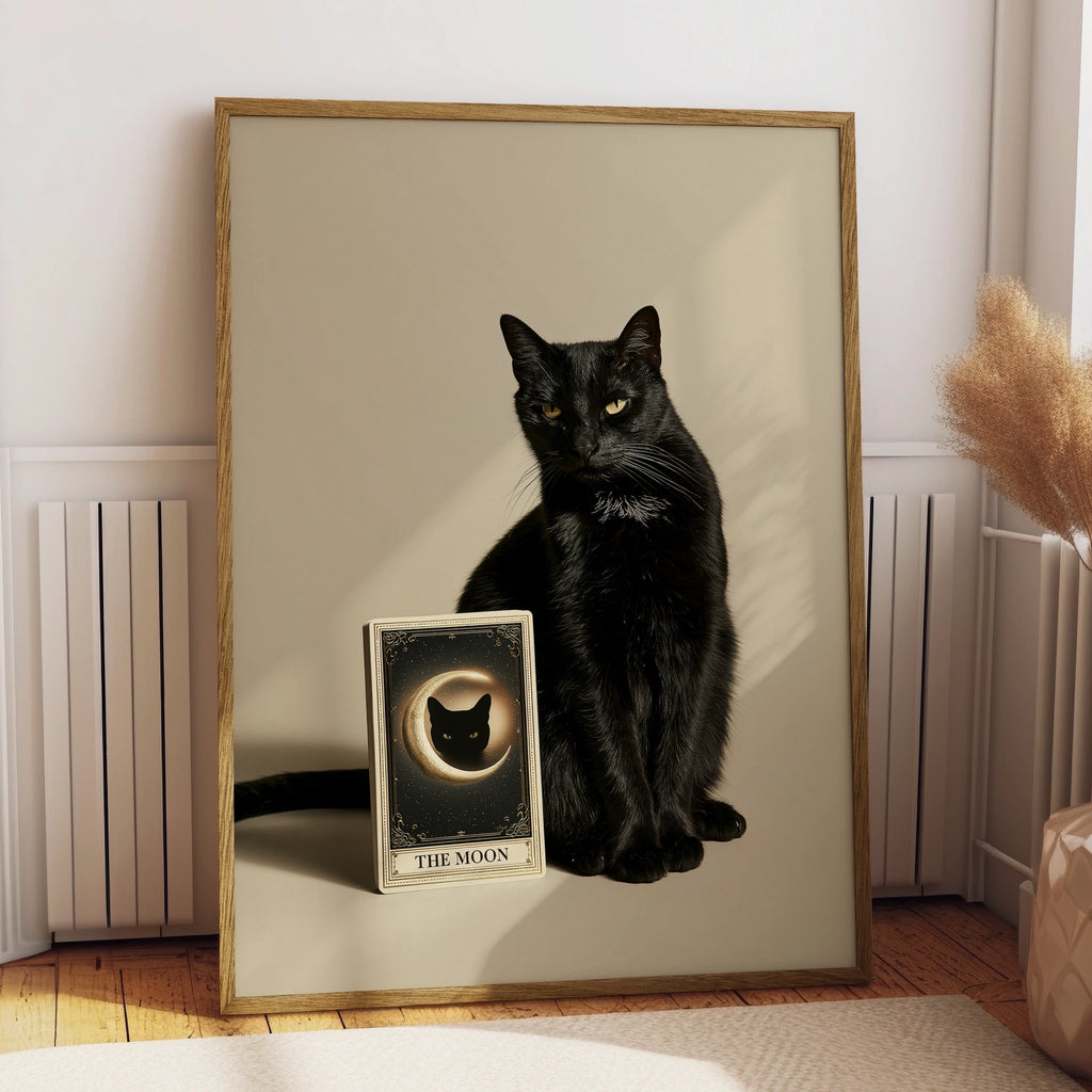 Black Cat Tarot Card Poster, The Moon Print, Mystical Wall Art