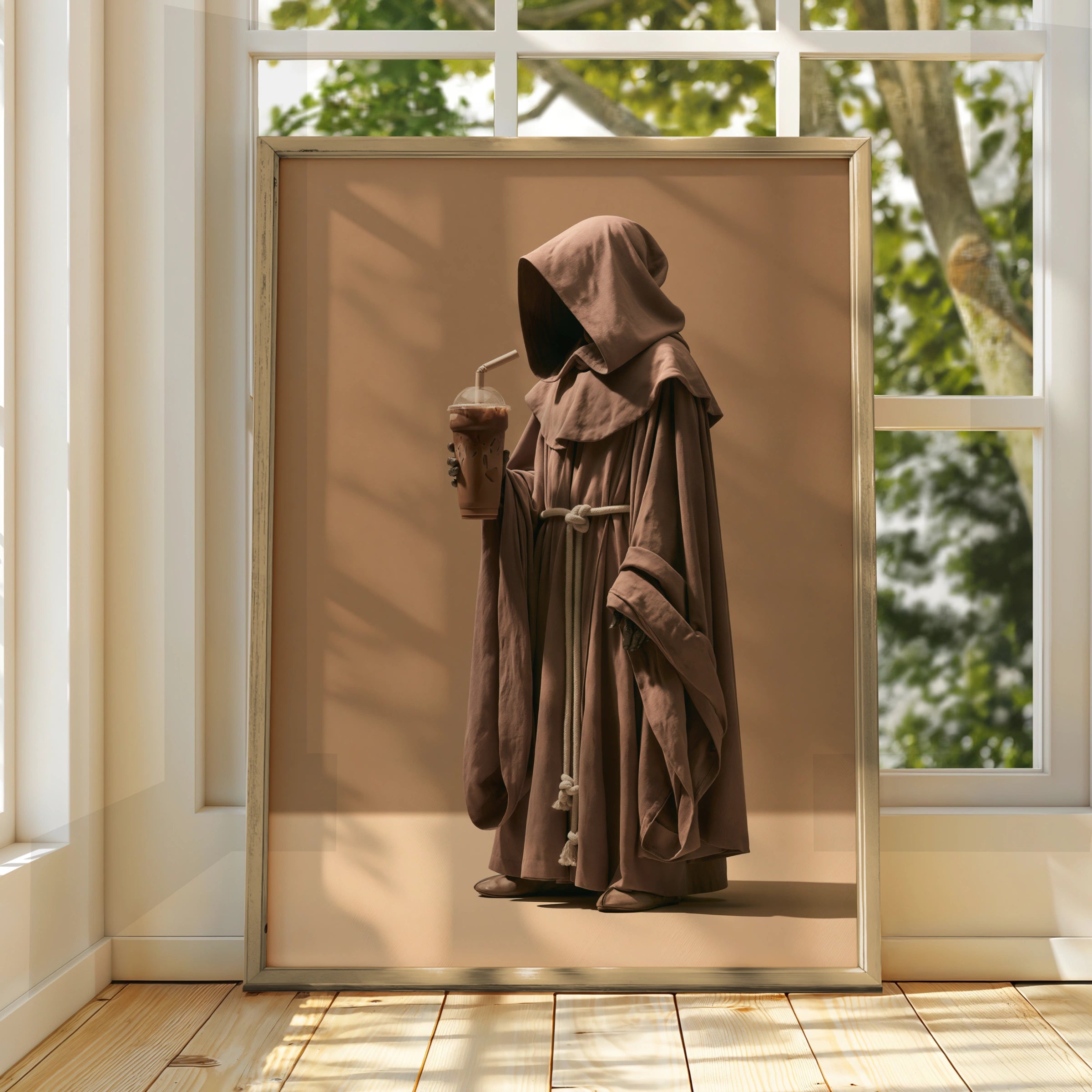 Monk Drinking Iced Coffee Poster, Funny Friar Art Print, Brown Minimalist
