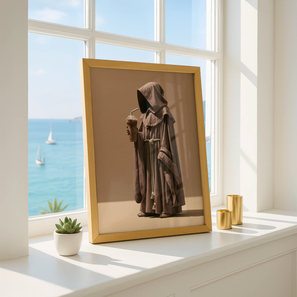 Monk Drinking Iced Coffee Poster, Funny Friar Art Print, Brown Minimalist