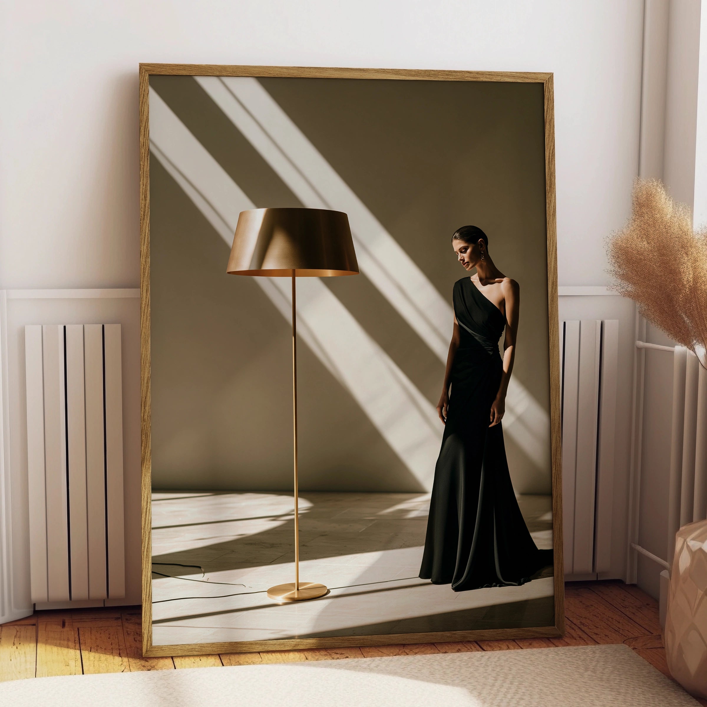 Elegant Woman Black Dress Gold Lamp, Fashion Wall Art Poster, Minimalist