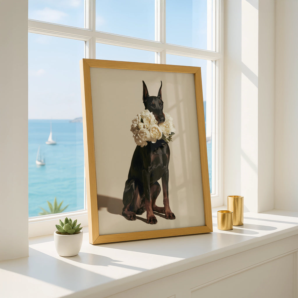 Dobermann with Peonies Poster, Elegant Black Dog Wall Art Print
