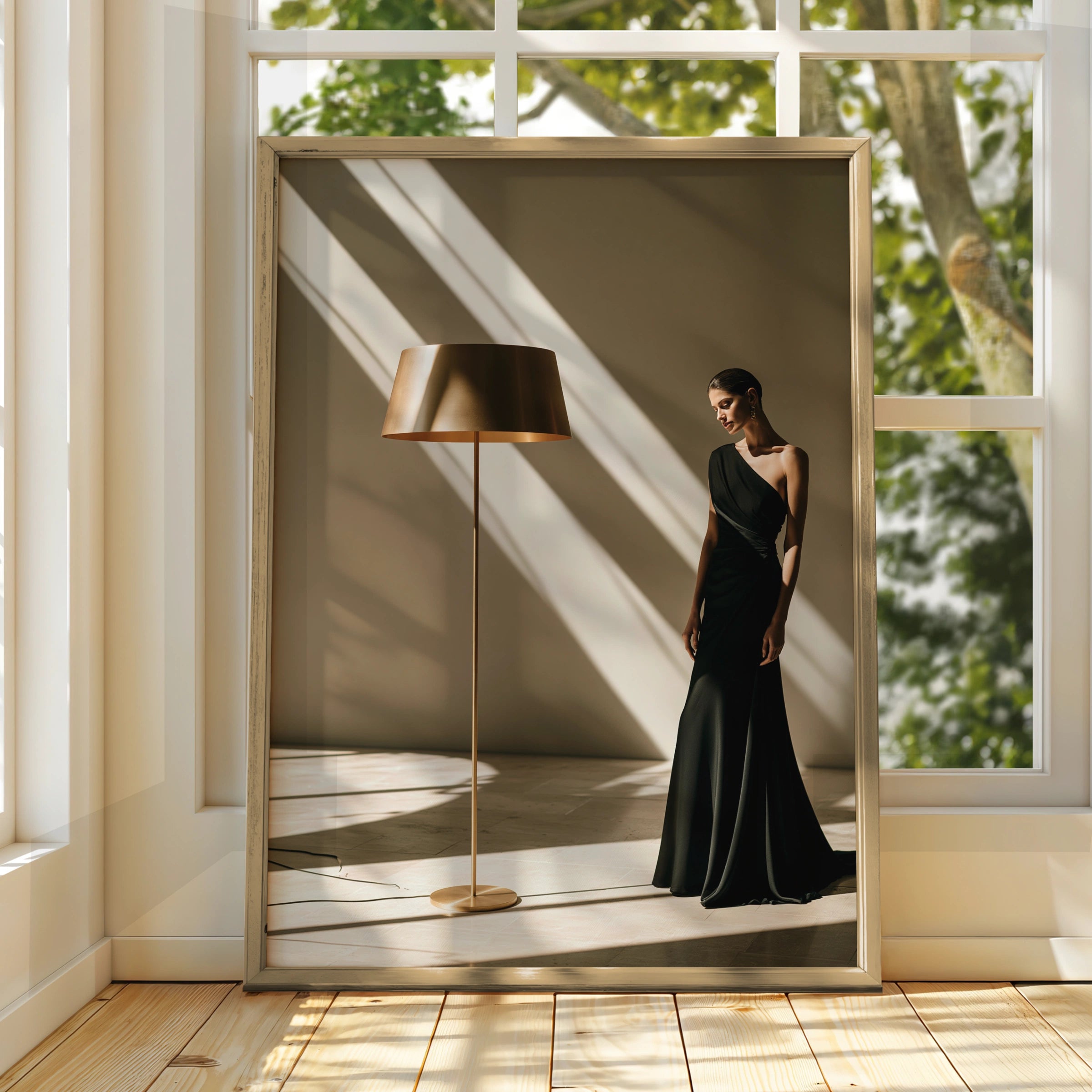 Elegant Woman Black Dress Gold Lamp, Fashion Wall Art Poster, Minimalist