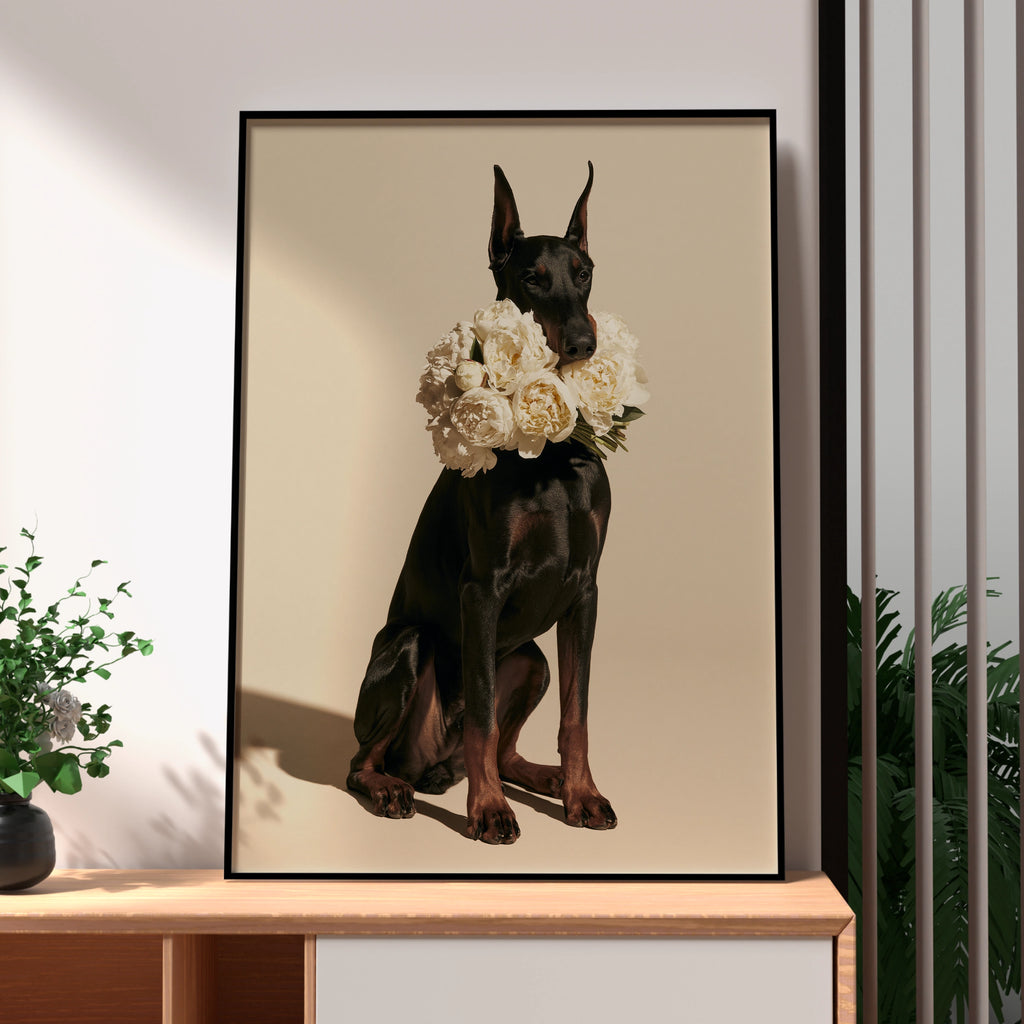 Dobermann with Peonies Poster, Elegant Black Dog Wall Art Print