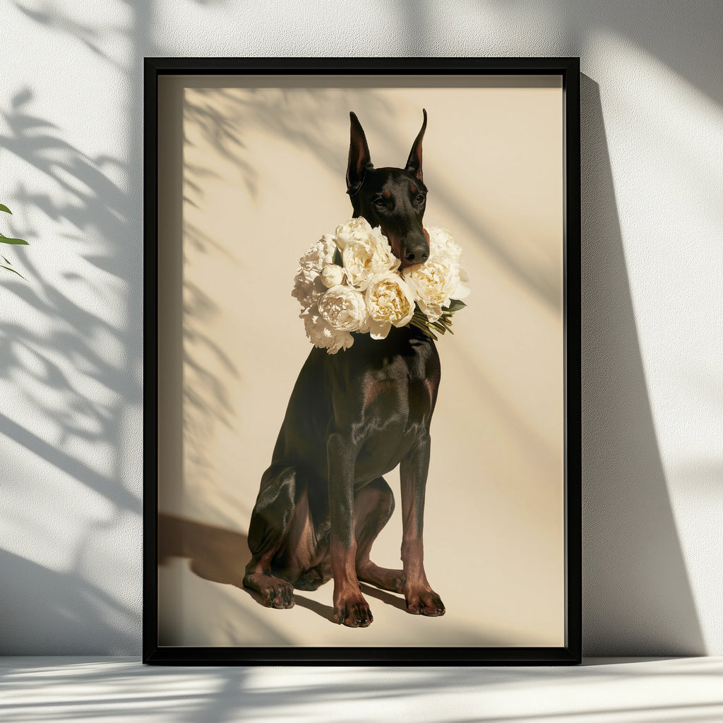 Dobermann with Peonies Poster, Elegant Black Dog Wall Art Print