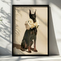 Dobermann with Peonies Poster, Elegant Black Dog Wall Art Print