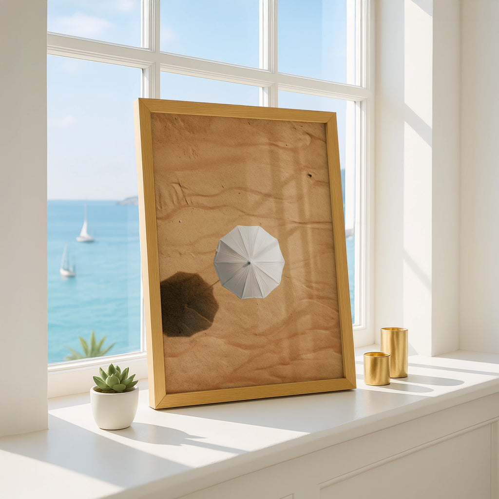 White Umbrella Desert Sand Aerial Poster, Minimalist Photography Print