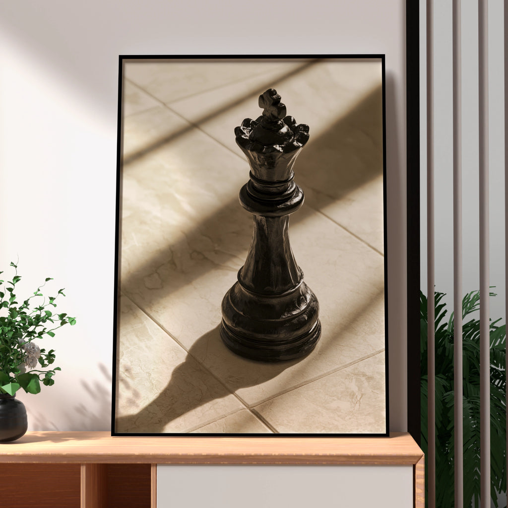 King Chess Piece Poster, Black Chess King Print, Dramatic Shadow Art