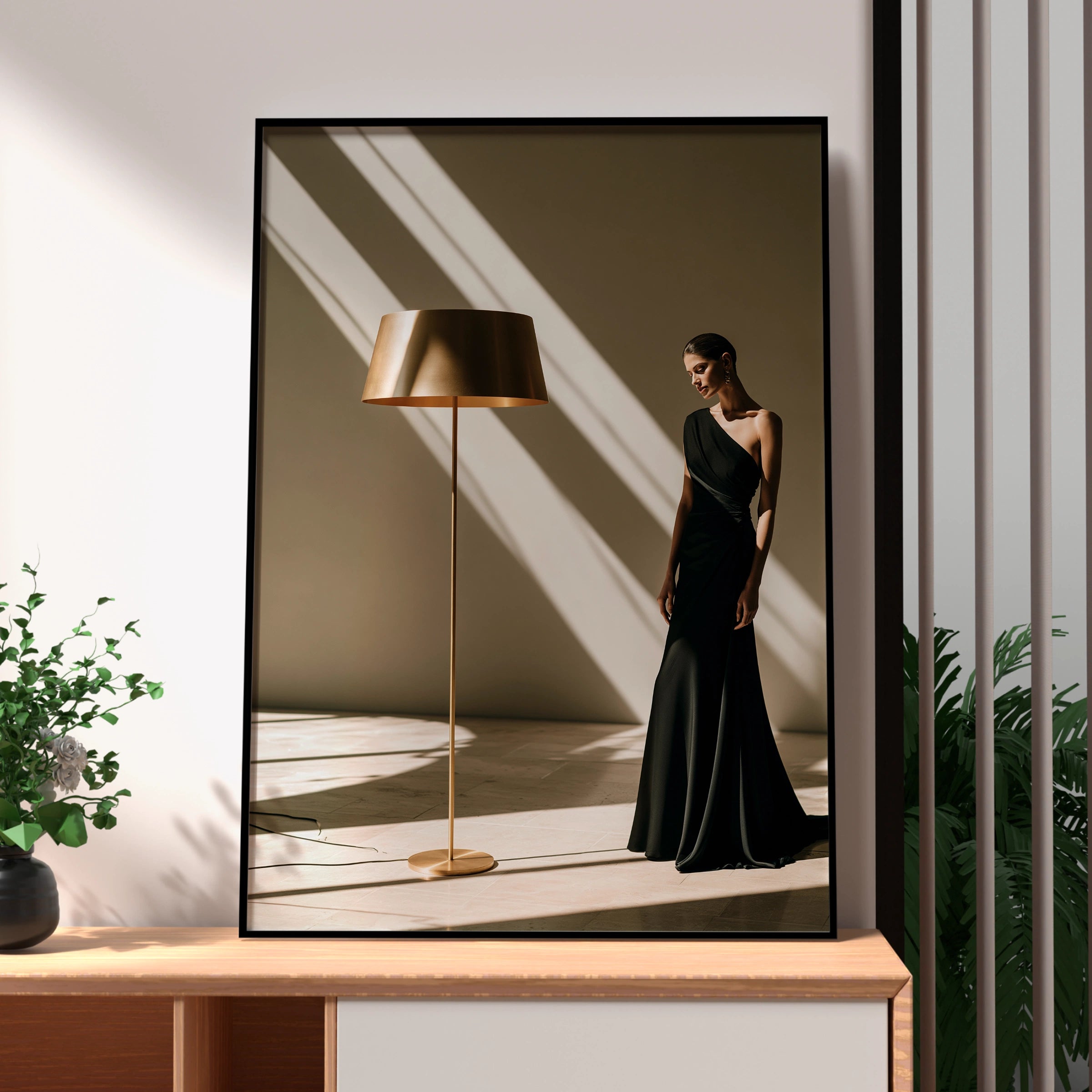 Elegant Woman Black Dress Gold Lamp, Fashion Wall Art Poster, Minimalist