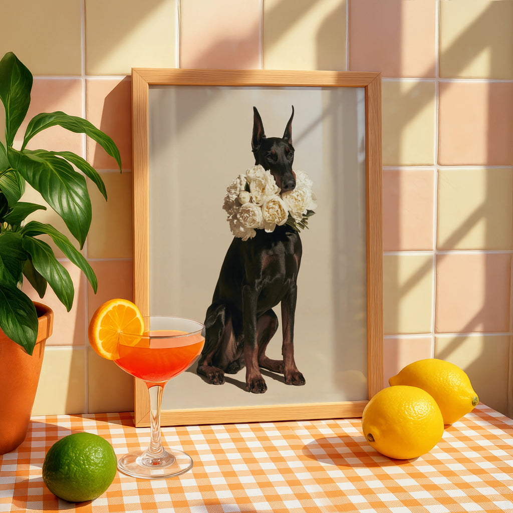 Dobermann with Peonies Poster, Elegant Black Dog Wall Art Print