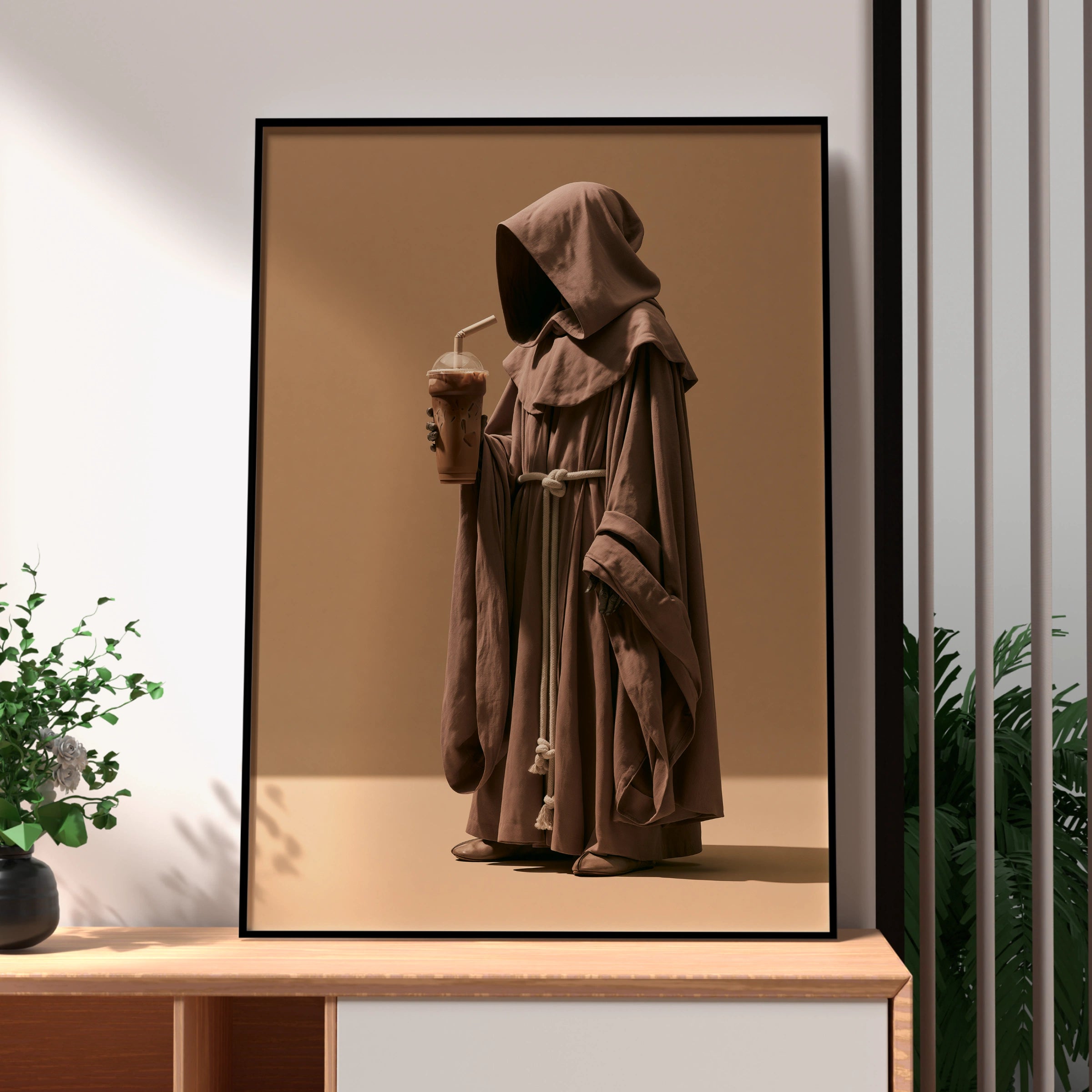 Monk Drinking Iced Coffee Poster, Funny Friar Art Print, Brown Minimalist