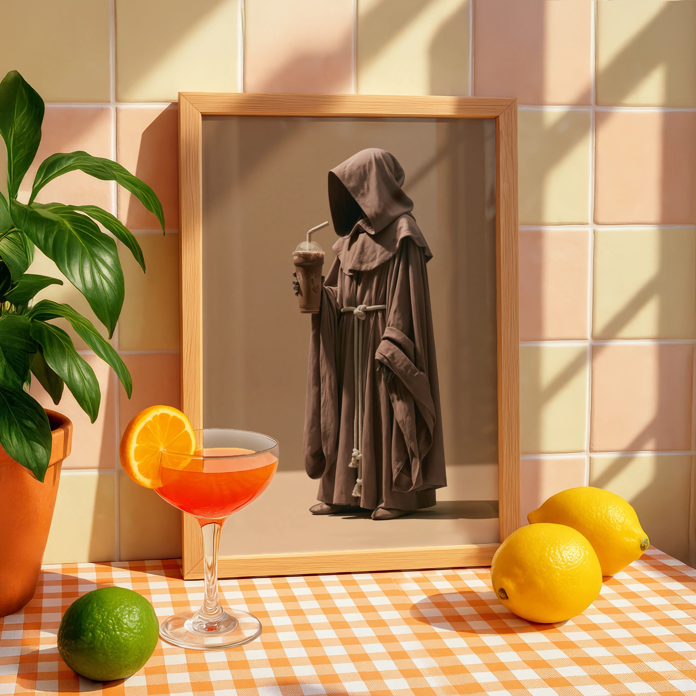 Monk Drinking Iced Coffee Poster, Funny Friar Art Print, Brown Minimalist
