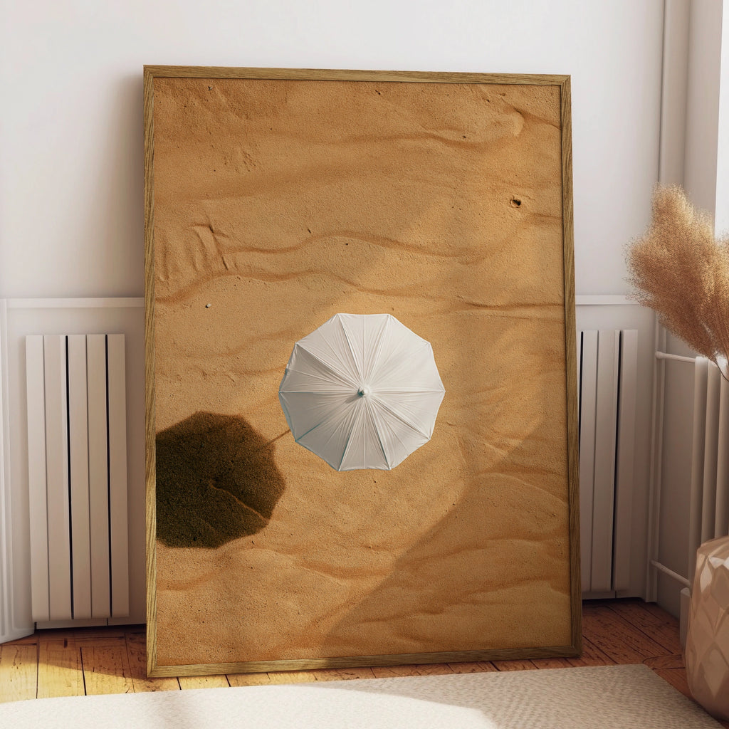 White Umbrella Desert Sand Aerial Poster, Minimalist Photography Print