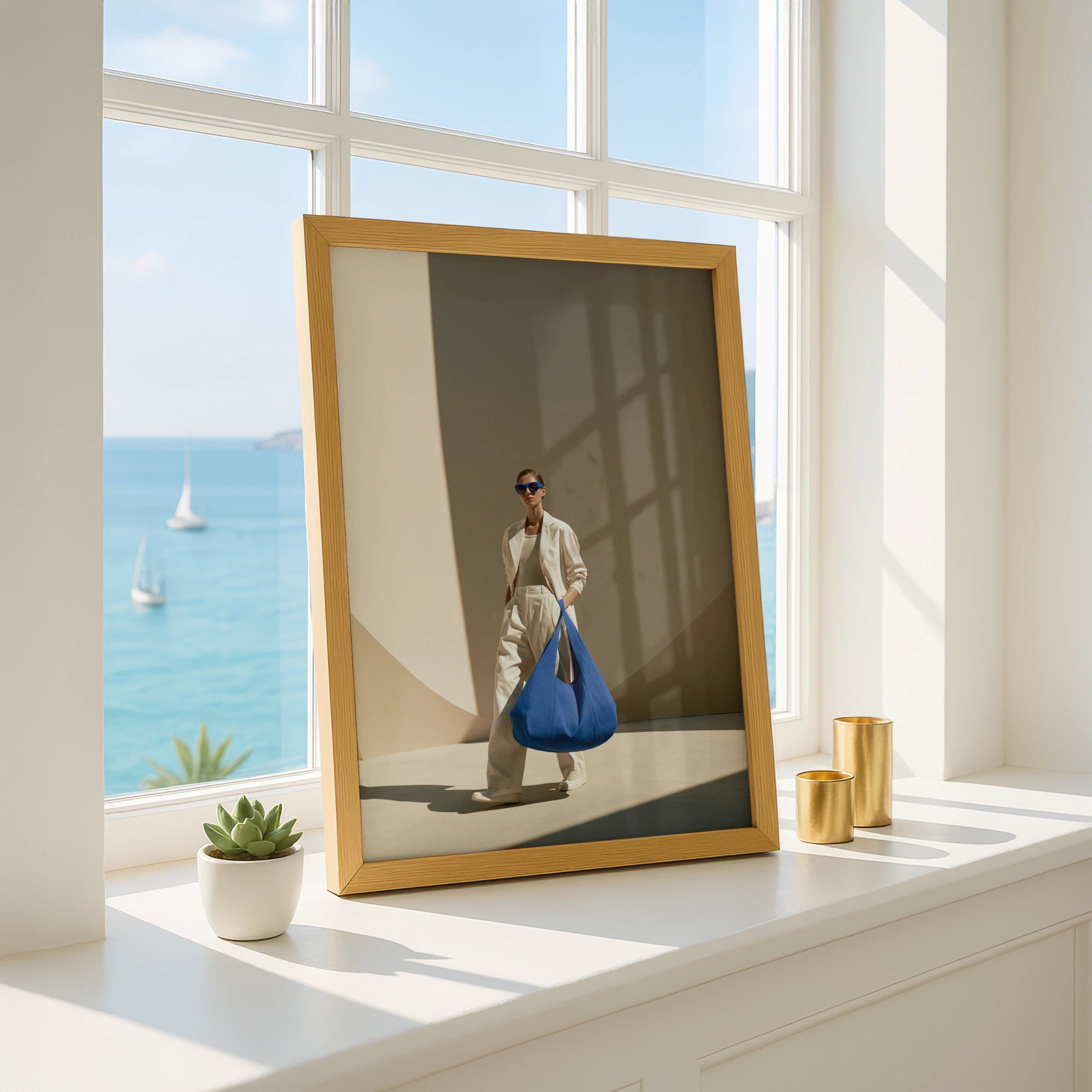 Fashion Woman Blue Oversized Bag Poster, Minimalist Style Print