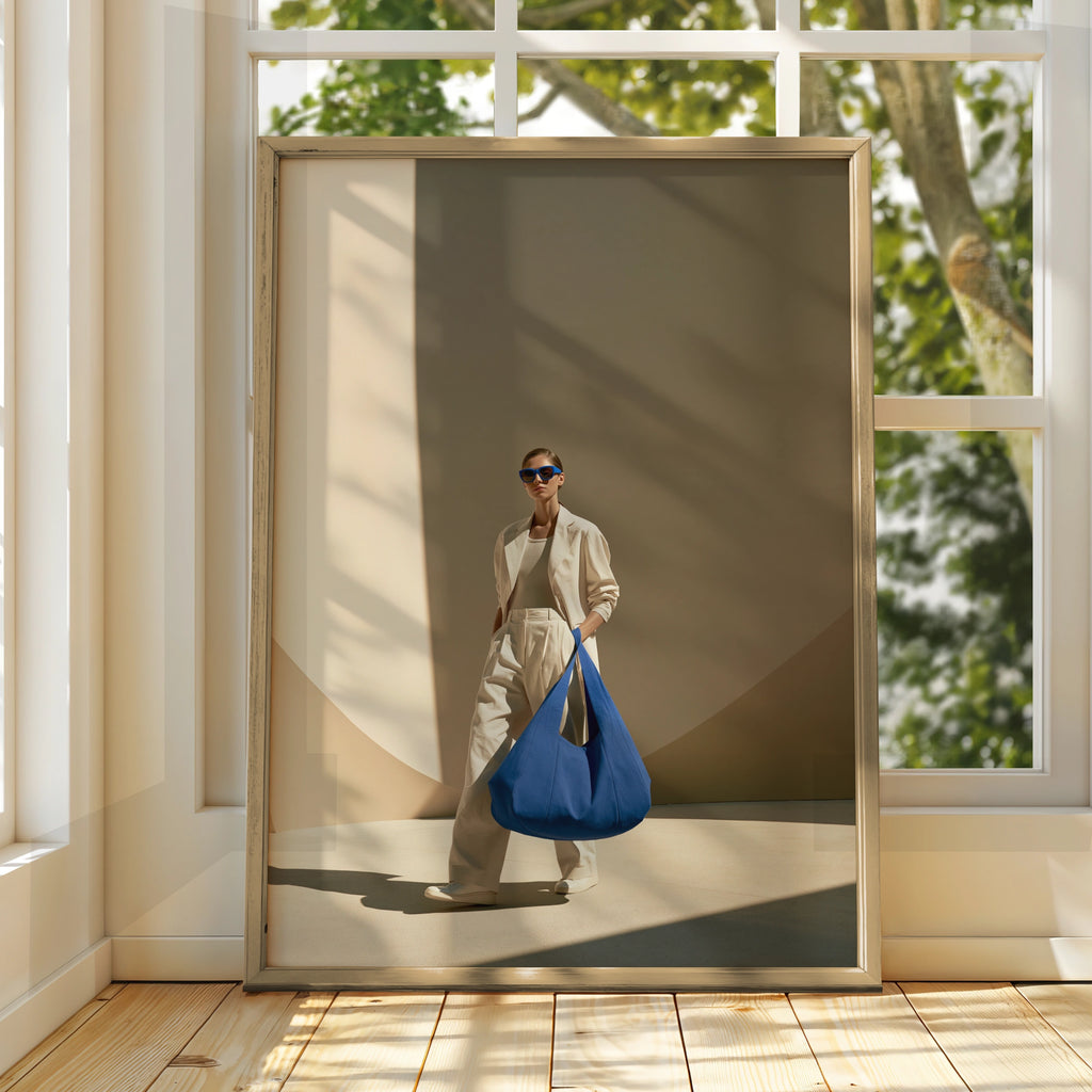 Fashion Woman Blue Oversized Bag Poster, Minimalist Style Print