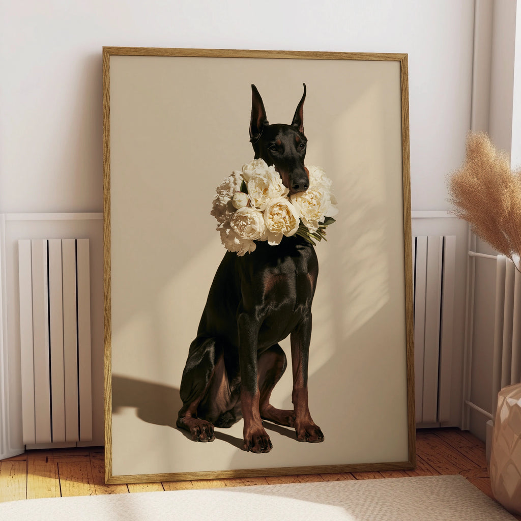 Dobermann with Peonies Poster, Elegant Black Dog Wall Art Print