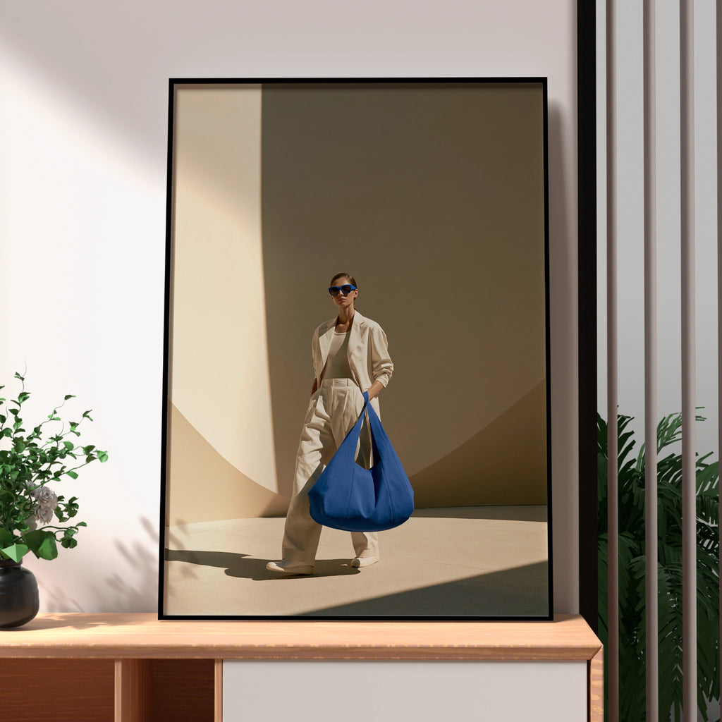 Fashion Woman Blue Oversized Bag Poster, Minimalist Style Print