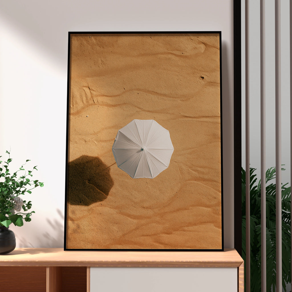 White Umbrella Desert Sand Aerial Poster, Minimalist Photography Print