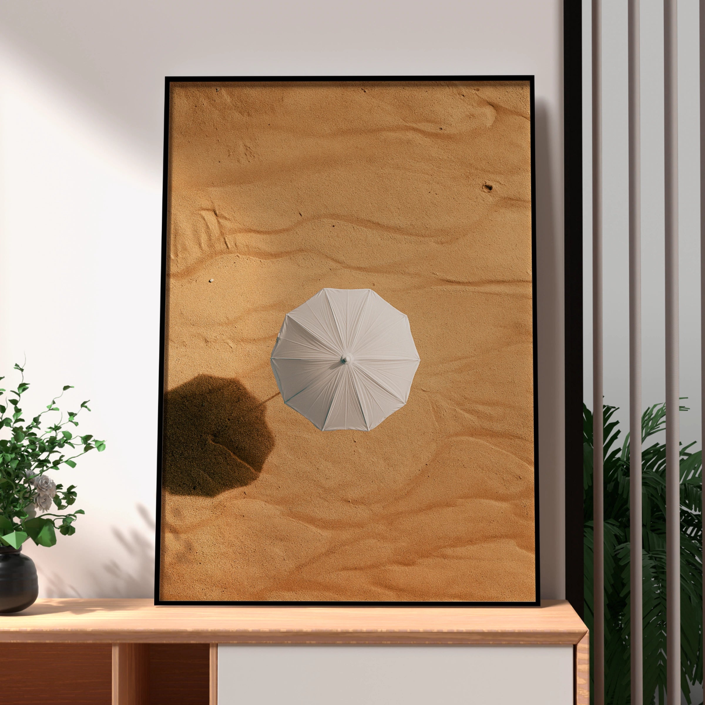 White Umbrella Desert Sand Aerial Poster, Minimalist Photography Print
