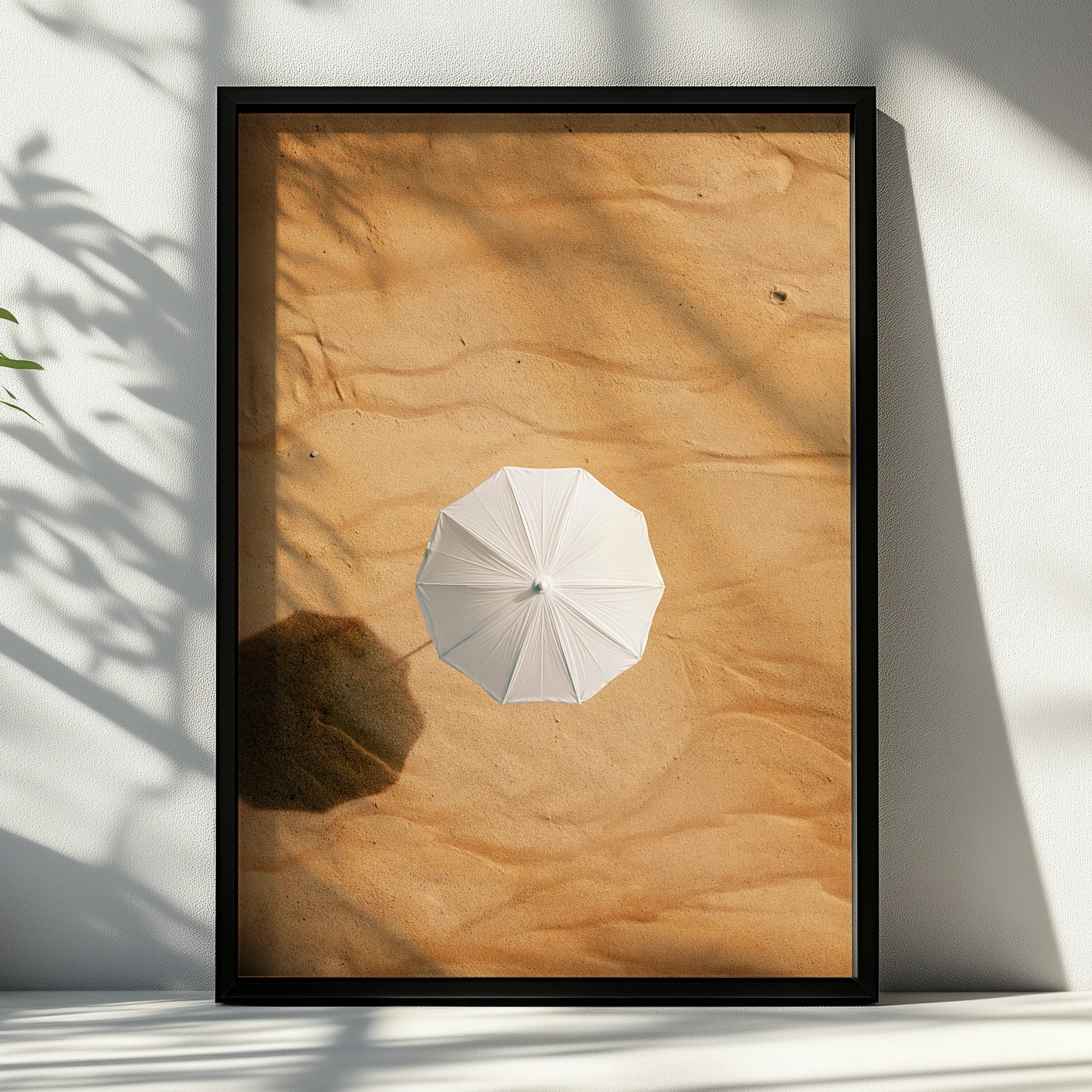 White Umbrella Desert Sand Aerial Poster, Minimalist Photography Print