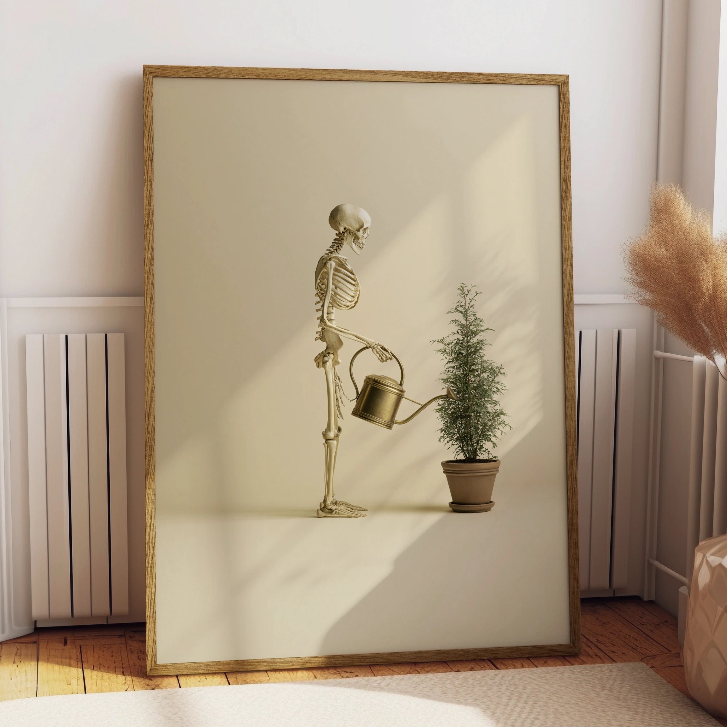 Skeleton Watering Plant Poster, Quirky Botanical Wall Art, Beige Minimalist Print