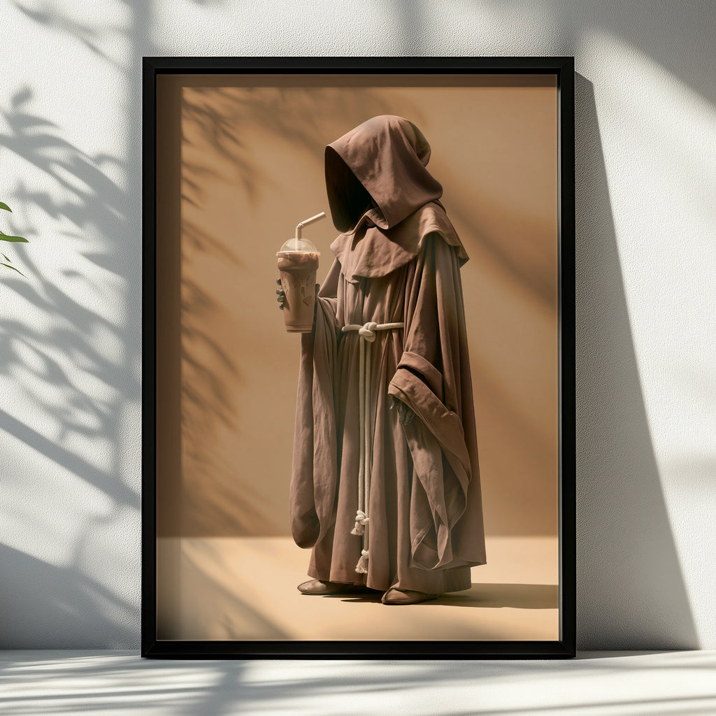 Monk Drinking Iced Coffee Poster, Funny Friar Art Print, Brown Minimalist
