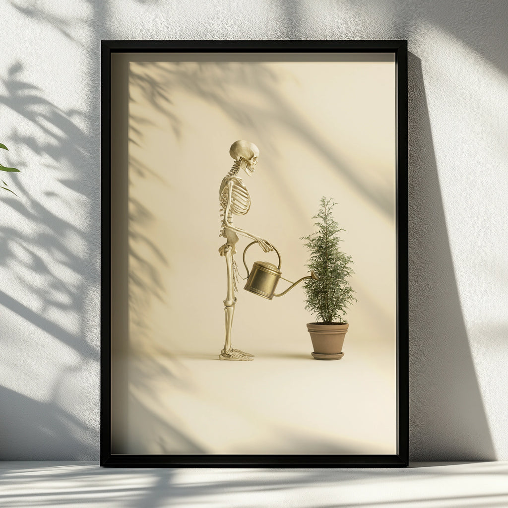 Skeleton Watering Plant Poster, Quirky Botanical Wall Art, Beige Minimalist Print