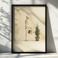 Skeleton Watering Plant Poster, Quirky Botanical Wall Art, Beige Minimalist Print