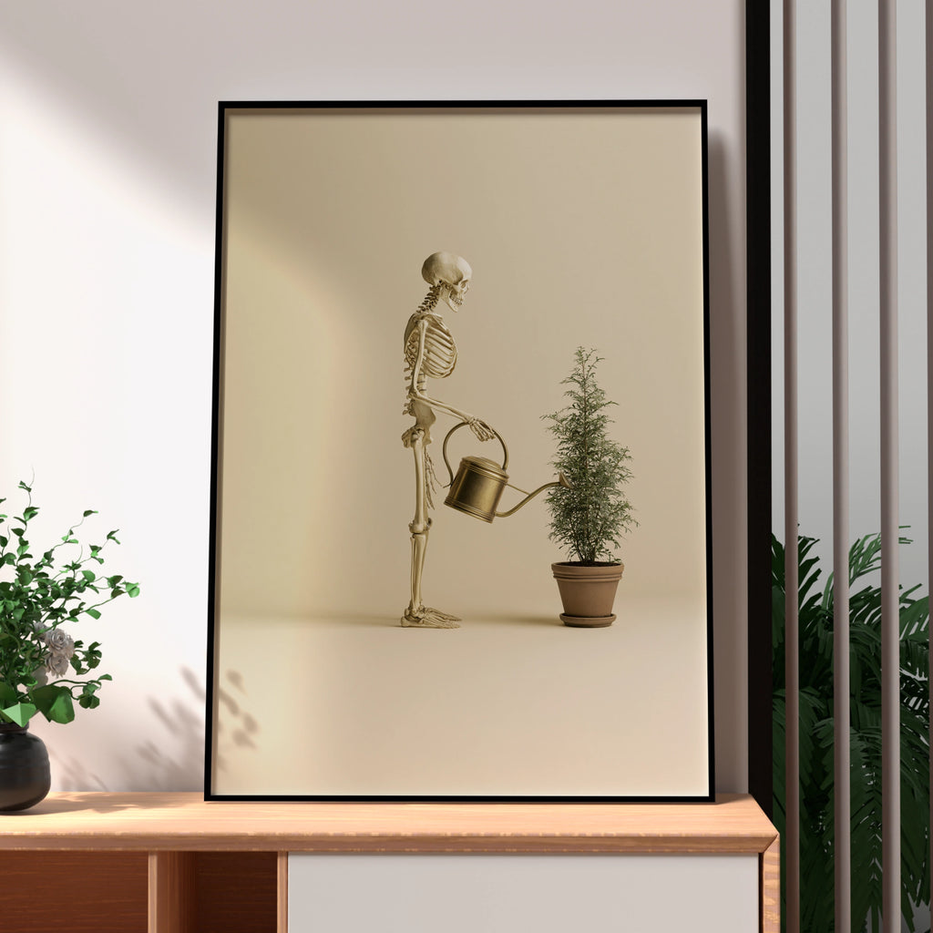Skeleton Watering Plant Poster, Quirky Botanical Wall Art, Beige Minimalist Print
